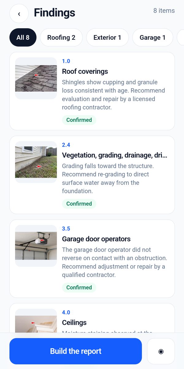 The findings list in BlueTape: each finding with its photo, report item, comment and a Confirmed badge.