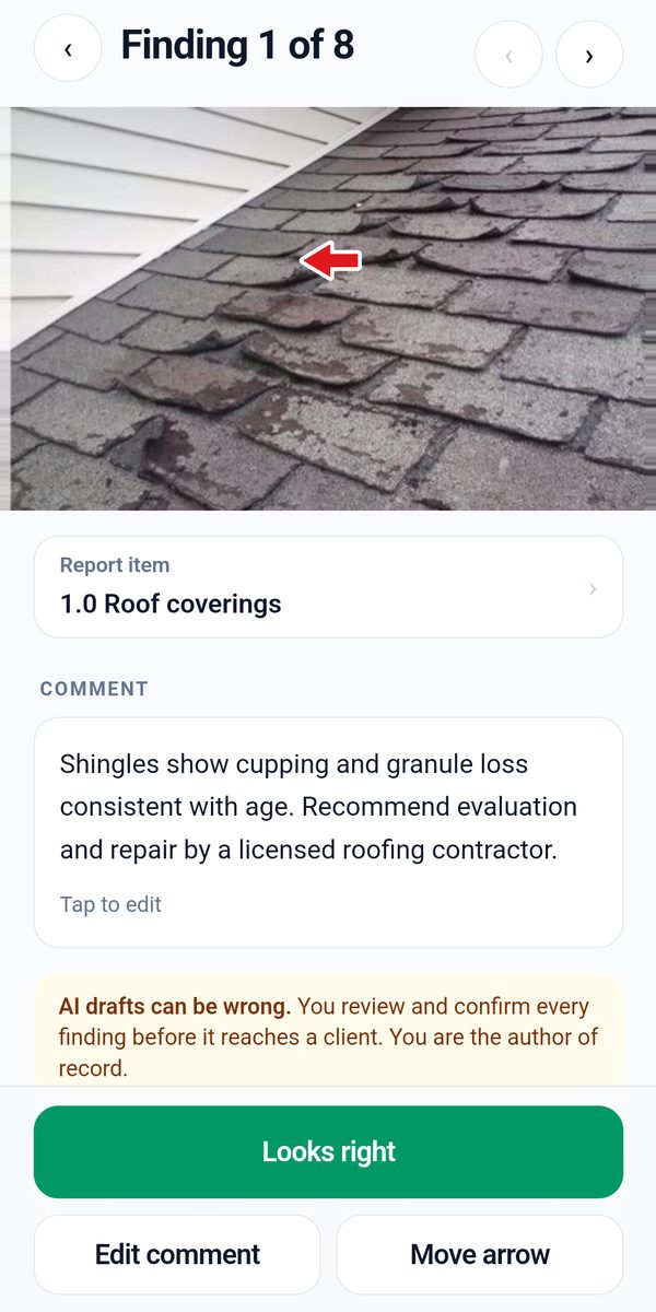 A finding in BlueTape: a roof photo with a red arrow on worn shingles, filed under 1.0 Roof coverings, with the drafted comment.