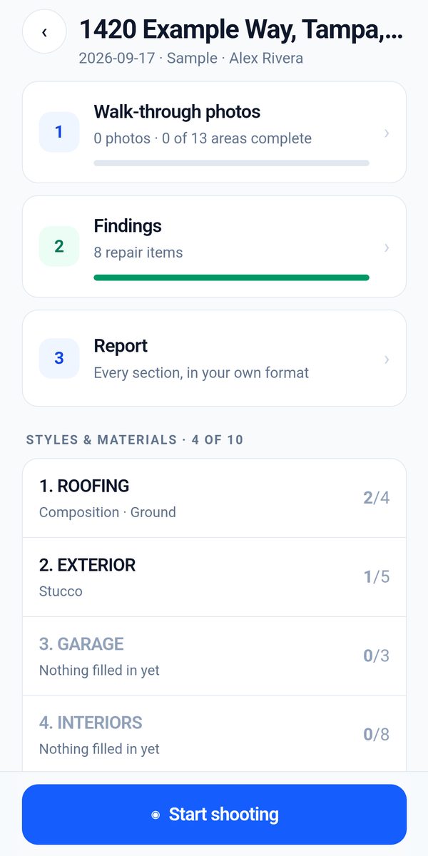 An inspection in BlueTape: walk-through photos, 8 repair items in findings, the report, and styles and materials by section.